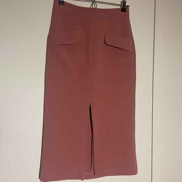 TOPSHOP | Dusty Pink Midi Pencil Skirt with Front Slit | Front Pockets | US4 - Picture 2 of 5